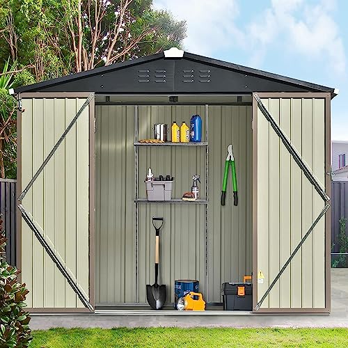 Merax Outdoor Storage Shed, 8X 6 FT Metal Garden Shed Steel Tool Shed Storage House with Adjustable Shelf and Lockable Doors,Tool Cabinet with Vents and Foundation for Backyard, Patio & Lawn, Brown