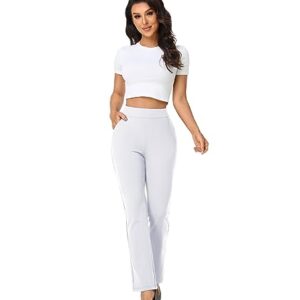 Agenlulu High Waisted Dress Pants for Women Bootcut Elastic Waist Pull On Work Slacks for Women Business Casual Yoga (White)