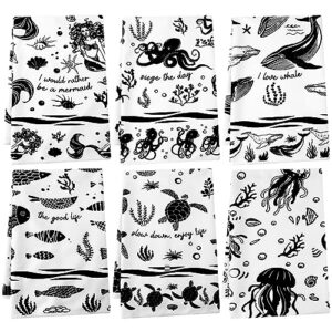 newwiee 6 pieces boho kitchen towels black and white funny dish towels ocean animal themed tea towels absorbent towels for boho housewarming gifts kitchen decoration, 16 x 28''