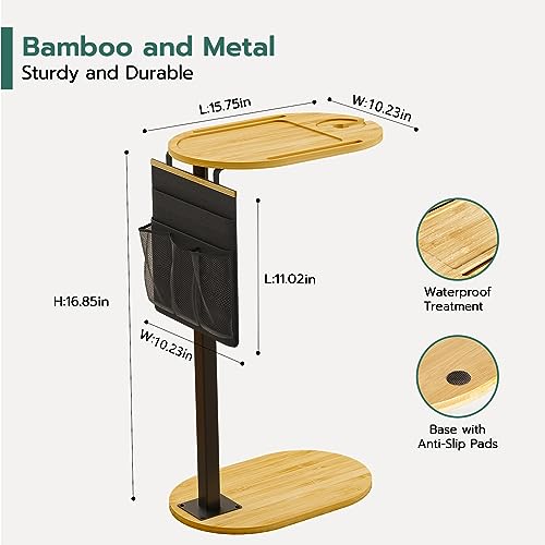 Yumkfoi Couch Side Table with Adjustable Heights, Bamboo Sofa Tray Table with Storage Pocket, Liftable Couch Arm Tray Table C Table End Table TV Tray Snack Table for Living Room, Bedroom