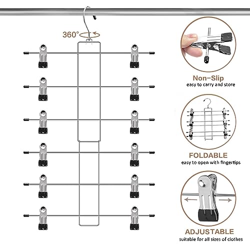 Pants Hangers -6 Tiers Closet Organizer Clothes Hanger,Skirt Hangers with 360° Swivel Hook -Space Saving Hangers with Clips - 2 Pack Pant Hangers