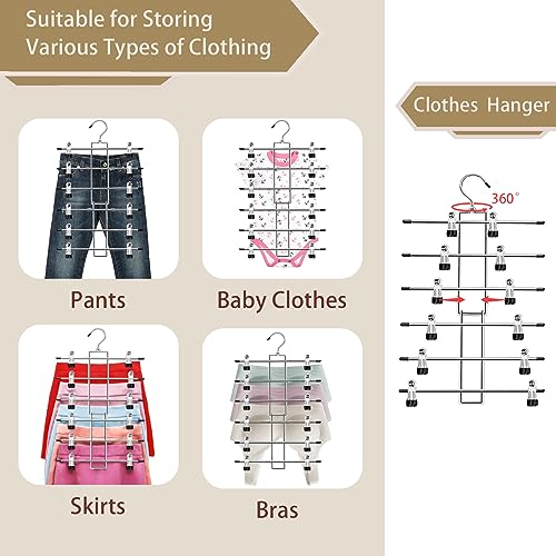 Pants Hangers -6 Tiers Closet Organizer Clothes Hanger,Skirt Hangers with 360° Swivel Hook -Space Saving Hangers with Clips - 2 Pack Pant Hangers