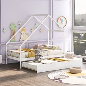 yuihome twin size house bed for kids, twin size bed frame with trundle bed, wooden kids house twin bed frame for girls, boys,no box spring needed,white