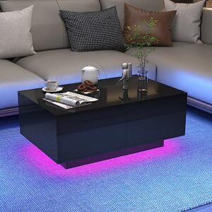 sussurro led coffee table with 4 storage sliding drawers, high glossy modern center table with 20 colors led lights for living room bedroom,(style-1 black)