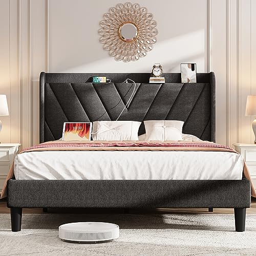 Koorlian Queen Bed Frame, Linen Adjustable Upholstered Platform Bed Frame with Type-C&USB Port, Wingback Storage Headboard, Solid Wood Slats Support, No Box Spring Needed, Noise-Free, Dark Gray