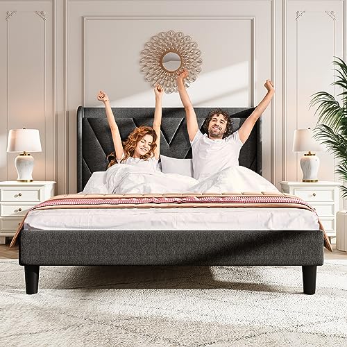 Koorlian Queen Bed Frame, Linen Adjustable Upholstered Platform Bed Frame with Type-C&USB Port, Wingback Storage Headboard, Solid Wood Slats Support, No Box Spring Needed, Noise-Free, Dark Gray