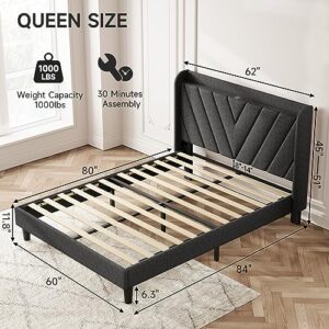 Koorlian Queen Bed Frame, Linen Adjustable Upholstered Platform Bed Frame with Type-C&USB Port, Wingback Storage Headboard, Solid Wood Slats Support, No Box Spring Needed, Noise-Free, Dark Gray