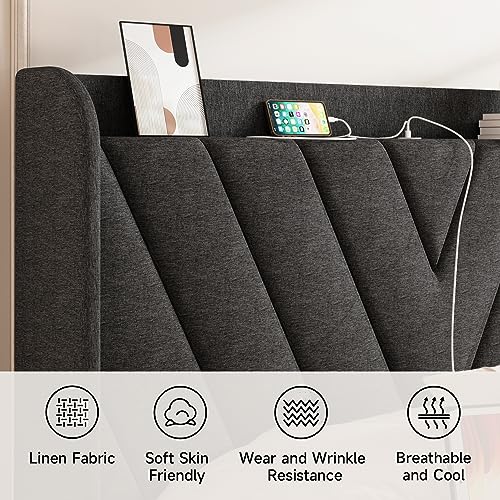 Koorlian Queen Bed Frame, Linen Adjustable Upholstered Platform Bed Frame with Type-C&USB Port, Wingback Storage Headboard, Solid Wood Slats Support, No Box Spring Needed, Noise-Free, Dark Gray