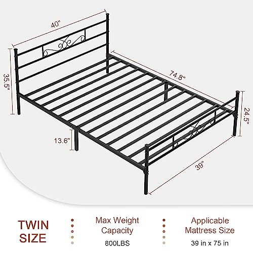 Pliwier Twin Size Metal Platform Bed Frame,14" High Bed Frame with Headboard, Premium Steel Slat Support, No Box Spring Needed, Anti-Slip, Easy Assembly