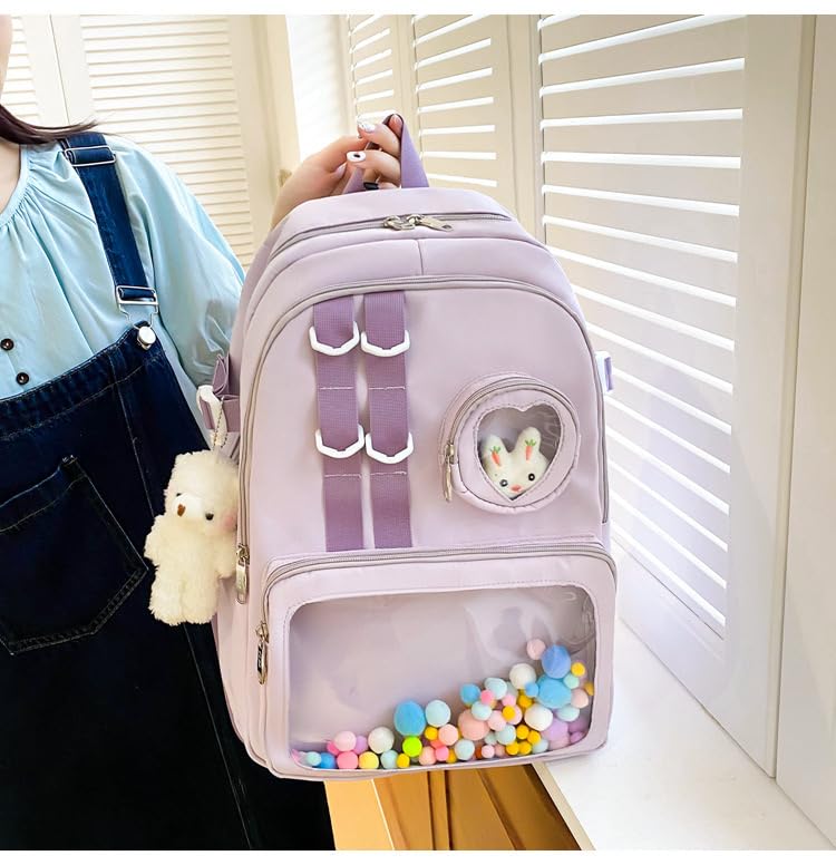 Kawaii Backpack with Cute Accessories Large Capacity Spring Summer Rucksack for Women Aesthetic Trendy Casual Daypack (Purple)