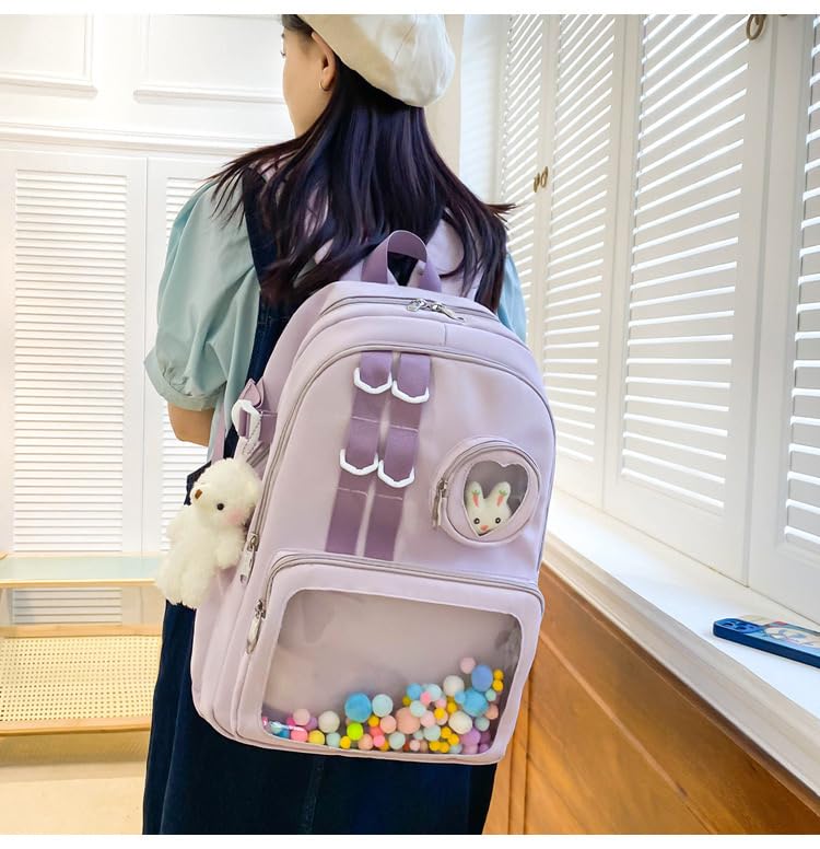 Kawaii Backpack with Cute Accessories Large Capacity Spring Summer Rucksack for Women Aesthetic Trendy Casual Daypack (Purple)