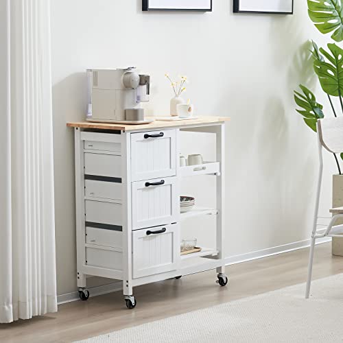 White Rolling Kitchen Island with Storage,Drawer Storage Islands &Carts Mobile Storage Islands,Portable Kitchen Cart Cabinets Rolling Kitchen Island Table on Wheels with Storage Cabinet 76 x 37x 84CM