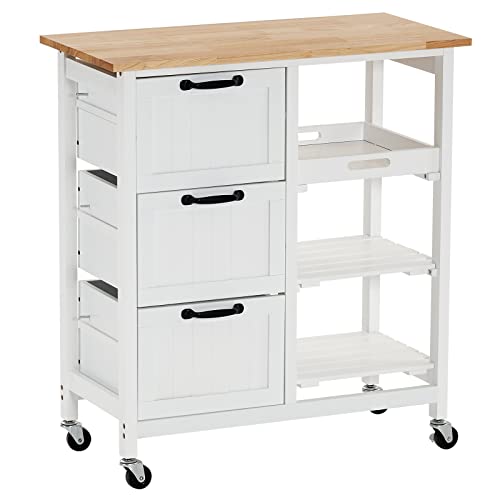 White Rolling Kitchen Island with Storage,Drawer Storage Islands &Carts Mobile Storage Islands,Portable Kitchen Cart Cabinets Rolling Kitchen Island Table on Wheels with Storage Cabinet 76 x 37x 84CM