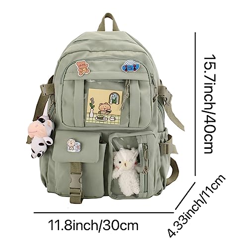 Romlvy Kawaii Backpack with Cute Accessories Aesthetic Multi Pockets Large Capacity Outdoor Backpack Daypack Laptop Backpack (Green)