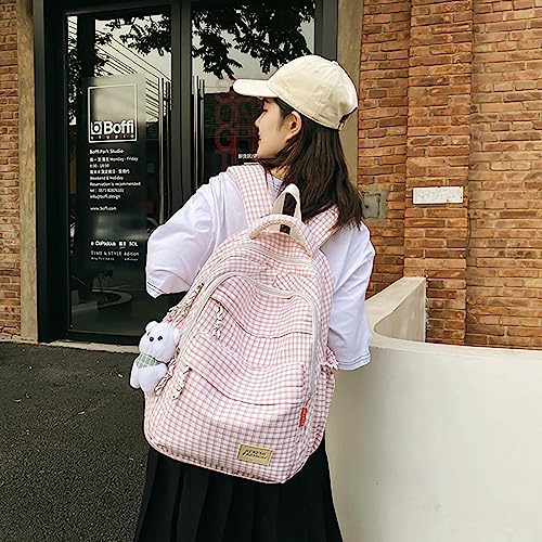 Qyrno Plaid Backpack Kawaii Backpack with Cute Accessories Cute Backpack Aesthetic Backpack DIY Backpack (1-Pink)