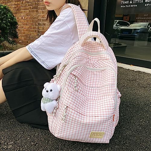 Qyrno Plaid Backpack Kawaii Backpack with Cute Accessories Cute Backpack Aesthetic Backpack DIY Backpack (1-Pink)