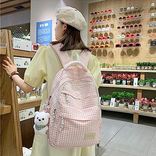 Qyrno Plaid Backpack Kawaii Backpack with Cute Accessories Cute Backpack Aesthetic Backpack DIY Backpack (1-Pink)