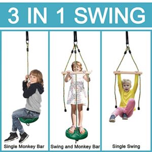 Swing for Kids Disc Swing Tree Swing Set Accessories Rope Swing Adjustable Swing Set with Monkey Bars 1 Carabiner 2 Added Hanging Straps, 3 in 1 Heavy Duty Swingset for Zipline Outdoor Backyard