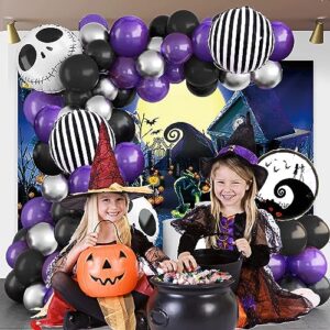Nightmare Balloons Decorations Before Christmas Skull Halloween Party Decorations Balloon Garland Kit - Purple Black Balloon Arch with Skull Balloons for Halloween Birthday Baby Shower, Day of the Dead Decorations