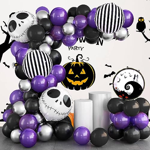 Nightmare Balloons Decorations Before Christmas Skull Halloween Party Decorations Balloon Garland Kit - Purple Black Balloon Arch with Skull Balloons for Halloween Birthday Baby Shower, Day of the Dead Decorations