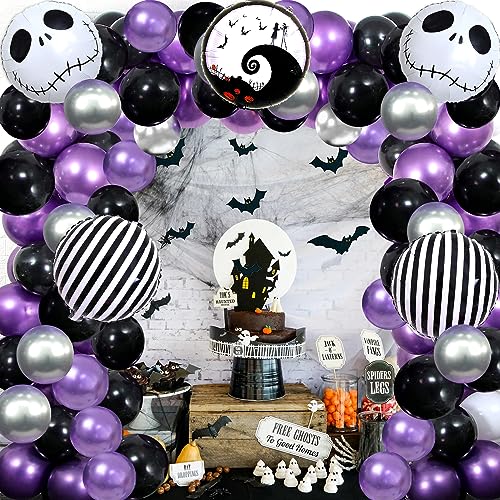 Nightmare Balloons Decorations Before Christmas Skull Halloween Party Decorations Balloon Garland Kit - Purple Black Balloon Arch with Skull Balloons for Halloween Birthday Baby Shower, Day of the Dead Decorations