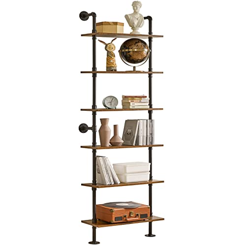 YMYNY Industrial 5+ 6-Tier Wall Mounted Bookcase with Metal Frame，HRF-TM018+HBC015H