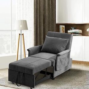 oprisen sleeper chair bed 3-in-1 convertible chair bed pull out sofa bed w/adjustable backrest tufted fabric chaise lounge sofa bed couch for small space w/side pockets (fabric-gray)