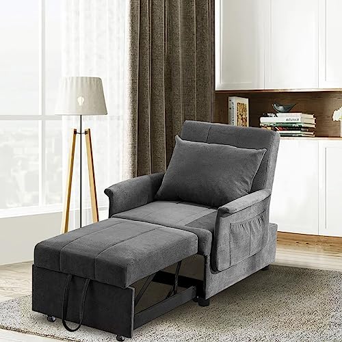 Oprisen Sleeper Chair Bed 3-in-1 Convertible Chair Bed Pull Out Sofa Bed w/Adjustable Backrest Tufted Fabric Chaise Lounge Sofa Bed Couch for Small Space w/Side Pockets (Fabric-Gray)