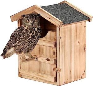 screech owl house, wooden owl house with bird stand, 9 inches large handmade opening owl nesting box with mounting screws & wood shavings, outside hanging nesting box for backyard