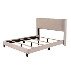 Lifeand Queen Size Velvet Upholstered Platform Bed, Box Spring Needed - Beige