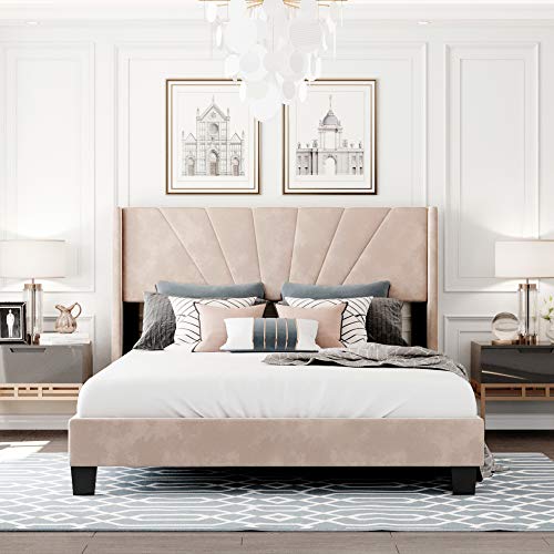 Lifeand Queen Size Velvet Upholstered Platform Bed, Box Spring Needed - Beige