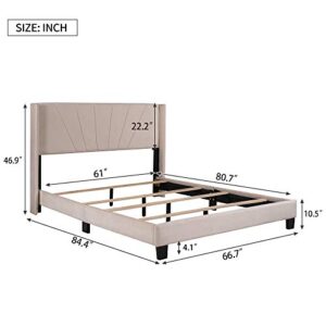 Lifeand Queen Size Velvet Upholstered Platform Bed, Box Spring Needed - Beige