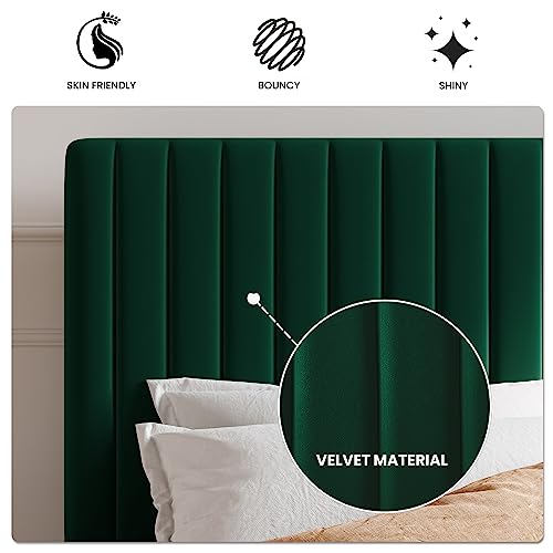 SHA CERLIN Queen Upholstered Platform Bed Frame with Vertical Channel Tufted Velvet Fabric Adjustable Headboard, Wooden Slats Support, Mattress Foundation, Box Spring Optional, Green