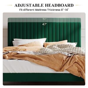 SHA CERLIN Queen Upholstered Platform Bed Frame with Vertical Channel Tufted Velvet Fabric Adjustable Headboard, Wooden Slats Support, Mattress Foundation, Box Spring Optional, Green