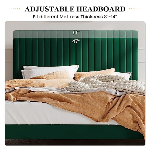 SHA CERLIN Queen Upholstered Platform Bed Frame with Vertical Channel Tufted Velvet Fabric Adjustable Headboard, Wooden Slats Support, Mattress Foundation, Box Spring Optional, Green