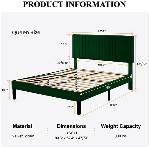 SHA CERLIN Queen Upholstered Platform Bed Frame with Vertical Channel Tufted Velvet Fabric Adjustable Headboard, Wooden Slats Support, Mattress Foundation, Box Spring Optional, Green