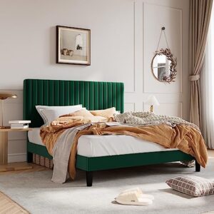 SHA CERLIN Queen Upholstered Platform Bed Frame with Vertical Channel Tufted Velvet Fabric Adjustable Headboard, Wooden Slats Support, Mattress Foundation, Box Spring Optional, Green