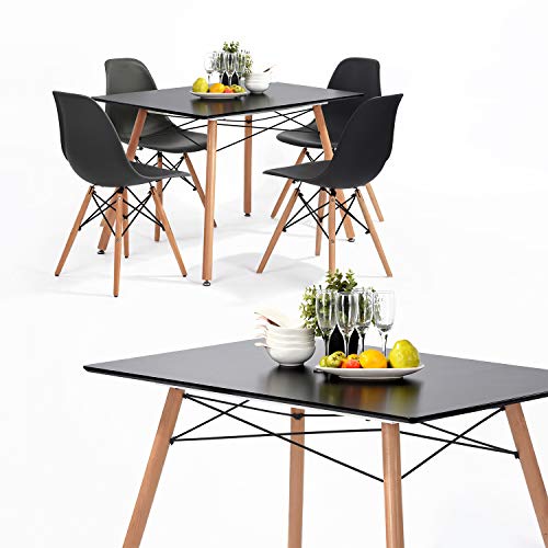 FurnitureR 43.3 Inch Modern Rectangle Dining Table with Round Beech Wood Legs for Home Kitchen Living Room Corner Small Spaces Leisure, Black