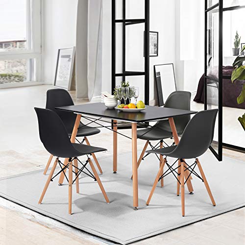 FurnitureR 43.3 Inch Modern Rectangle Dining Table with Round Beech Wood Legs for Home Kitchen Living Room Corner Small Spaces Leisure, Black