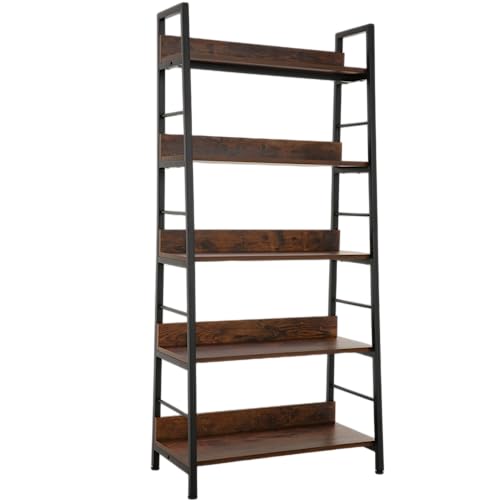 Himimi Industrial Bookshelf,Ladder Shelf 5 Tier Large Bookcases Floor Freestanding Storage Rack Leaning Book Shelves,Plants Flower Stands with Metal Frame for Living Room, Home Office, Rustic Brown