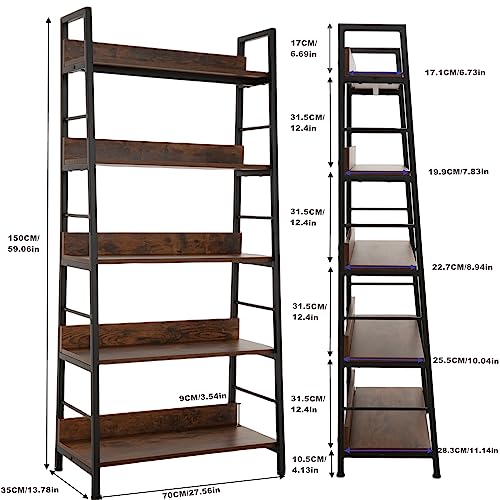 Himimi Industrial Bookshelf,Ladder Shelf 5 Tier Large Bookcases Floor Freestanding Storage Rack Leaning Book Shelves,Plants Flower Stands with Metal Frame for Living Room, Home Office, Rustic Brown