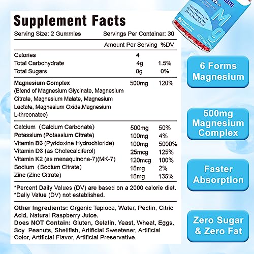 Magnesium Gummies for Women Men & Kids, Sugar Free Magnesium Citrate Gummies with Glycinate Malate L-threaten Potassium Calcium Vitamin B6 D3 Supplement for Relax Sleep Muscle & Joint - 2 Pack, 120cts