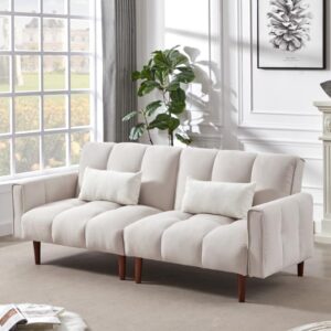 AnwickNomo Convertible Futon Sofa Beds,Modern Fabric Linen Upholstered Futon Sofa Bed, Adjustable Couch Sleeper,Love Seats Couch with 2 Pillows for Apartment, Living Room, Studio (Ivory)