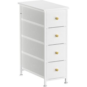 yilqqper narrow dresser storage tower with 4 drawers, slim dresser chest of drawers with steel frame, wood top, golden knobs, white dresser for bedroom, bathroom, small spaces, laundry, closet, white
