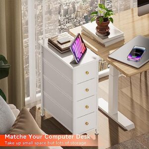 YILQQPER Narrow Dresser Storage Tower with 4 Drawers, Slim Dresser Chest of Drawers with Steel Frame, Wood Top, Golden Knobs, White Dresser for Bedroom, Bathroom, Small Spaces, Laundry, Closet, White