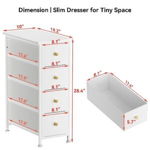 YILQQPER Narrow Dresser Storage Tower with 4 Drawers, Slim Dresser Chest of Drawers with Steel Frame, Wood Top, Golden Knobs, White Dresser for Bedroom, Bathroom, Small Spaces, Laundry, Closet, White