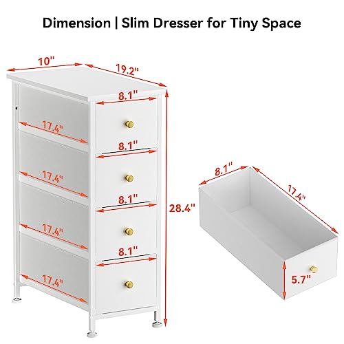 YILQQPER Narrow Dresser Storage Tower with 4 Drawers, Slim Dresser Chest of Drawers with Steel Frame, Wood Top, Golden Knobs, White Dresser for Bedroom, Bathroom, Small Spaces, Laundry, Closet, White