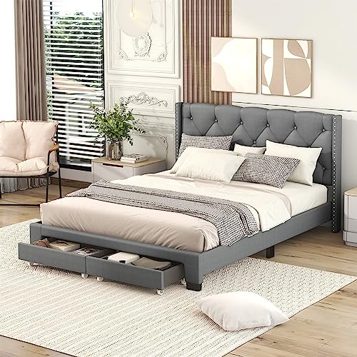 HAUSHECK Queen Size Platform Bed Frame, Upholstered Bed Frames with Button Tufted Headboard, Modern Bedframe for Kids, Teen & Adults, Wooden Slats Support, No Box Spring Needed