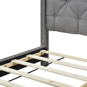 HAUSHECK Queen Size Platform Bed Frame, Upholstered Bed Frames with Button Tufted Headboard, Modern Bedframe for Kids, Teen & Adults, Wooden Slats Support, No Box Spring Needed