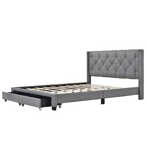 HAUSHECK Queen Size Platform Bed Frame, Upholstered Bed Frames with Button Tufted Headboard, Modern Bedframe for Kids, Teen & Adults, Wooden Slats Support, No Box Spring Needed